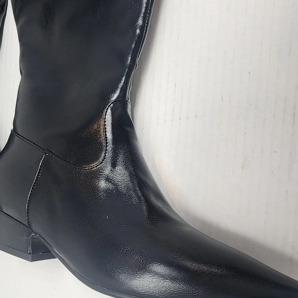 Black Faux Leather Pointed Toe Over The‎ Knee Boots Lace Up Side Zip Size 6